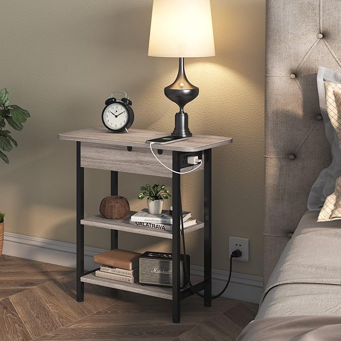 LIDYUK End Table with Charging Station, Set of 2 Flip Top Narrow Side Table for Small Spaces, Nightstands Set of 2 for Bedroom, End Tables Living Room with Storage Shelves, Greige