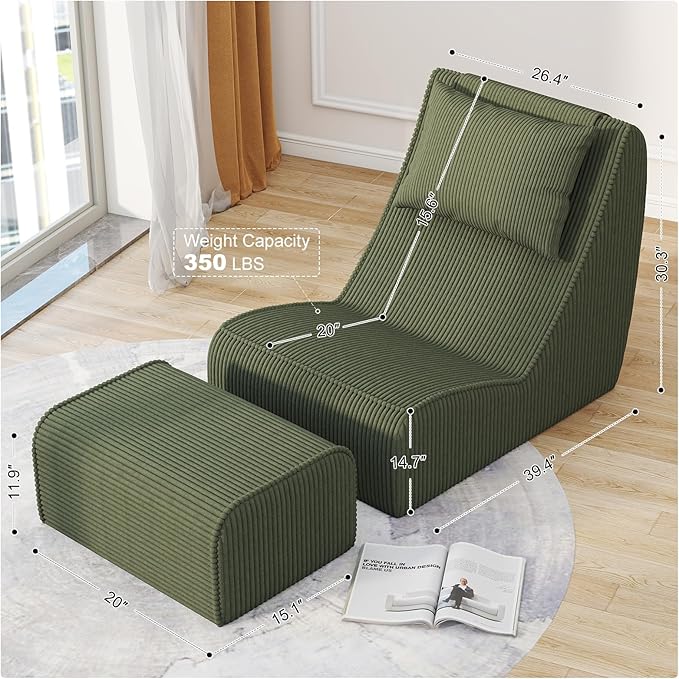 Giant Bean Bag Chair for Adults,Corduroy Chaise Lounge with Unrivaled Back Support, Detachable Neck Pillow, Comfortable Ottoman & Washable Cover for Living Room, Bedroom, Garden (Olive green)