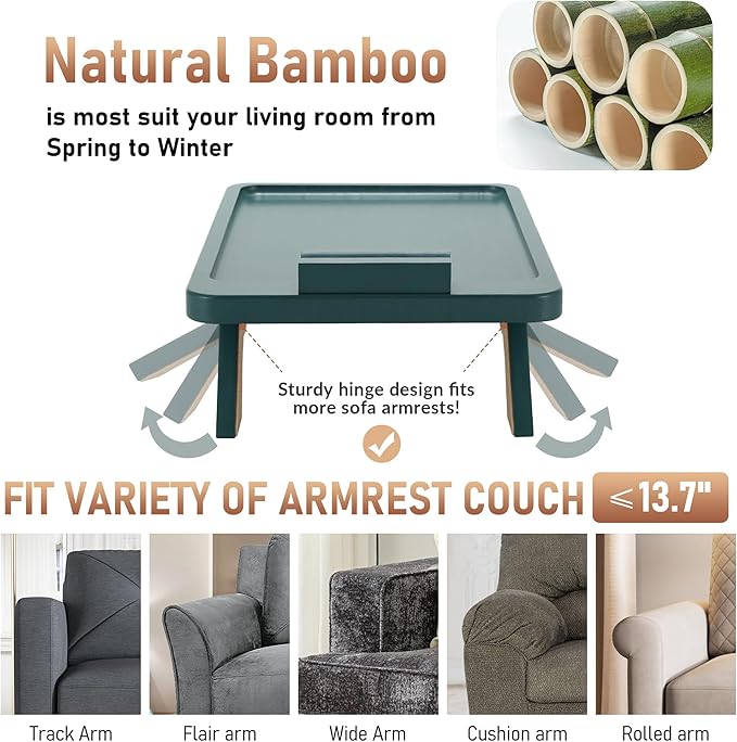 SINWANT Couch Arm Table Tray, Bamboo Sofa Arm Clip on Table, Foldable Couch Armrest Tray with 360° Phone Holder,Portable Sofa Tables for Remote Snack