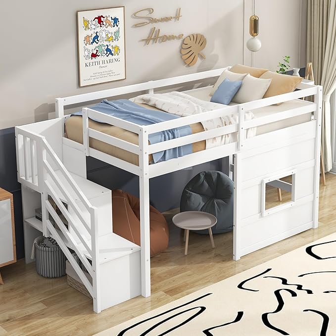Twin Size Loft Bed with Storage Staircase and Window,Wood Twin Loft Bunk Bedframe with Full-Length Guardrail and Sturdy Slat Support, No Noise,No Box Spring Needed,for Kids,Boys,Girls,White