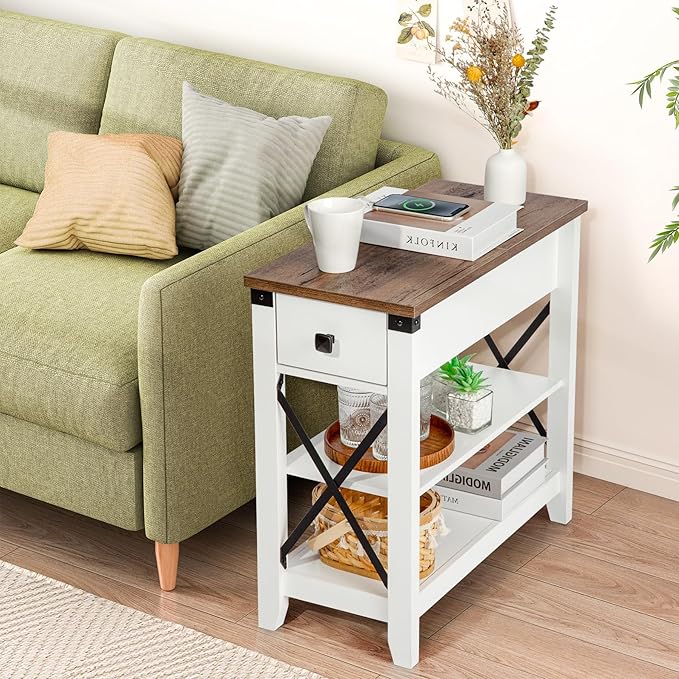 Narrow End Table with Charging Station - Farmhouse Slim Side Table Set of 2, w/USB Ports Power Outlets, Nightstand w/Flip Top Storage Drawer, for Small Spaces Living Room Bedroom, Brown White