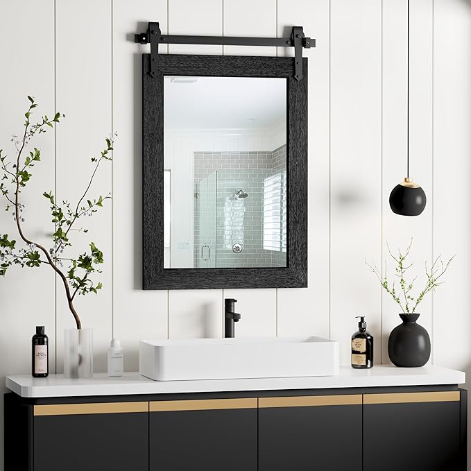 Farmhouse Bathroom Mirror for Over Sink 22”x32” Black, Rustic Western Barn Decor Bathroom Vanity Mirror, Wall Mirror for Bathroom, Living Room, Bedroom, Entryway