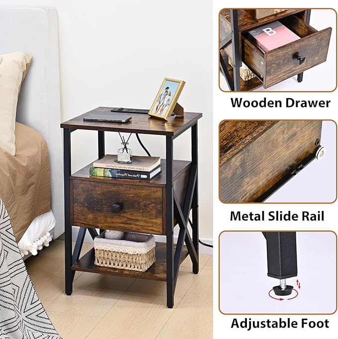 End Table with Wireless Charging, Charging End Table Bedside Table with Outlets, Charger Nightstand, Small End Table with Drawer, Night Stand with Storage for Bedroom, Living Room, Brown