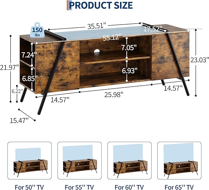 GAOMON TV Stand for 65 60 55 50 Inch TV, 55" Mid Century Modern Entertainment Center with Adjustable Open Shelves & Metal Legs, Industrial Media Console Table for Living Room, Rustic