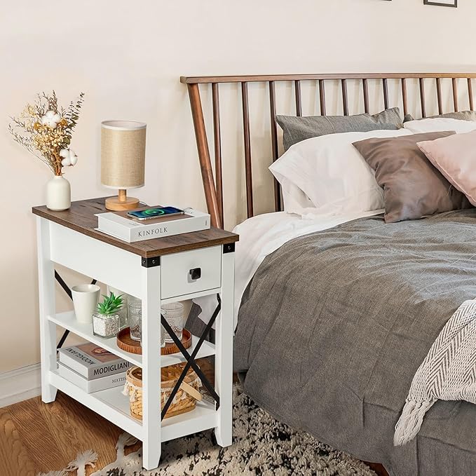 Narrow End Table with Charging Station - Farmhouse Slim Side Table Set of 2, w/USB Ports Power Outlets, Nightstand w/Flip Top Storage Drawer, for Small Spaces Living Room Bedroom, Brown White