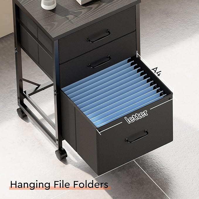 3 Drawer Mobile File Cabinet with Wheels Fabric Vertical Filing Cabinet fits A4 or Letter Size for Home Office,Black