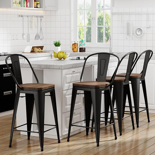 Yongqiang 26 inch Bar Stools Set of 4 High Back Metal Kitchen Counter Height Bar Chairs Barstools with Large Wooden Seat Industrial Matte Black