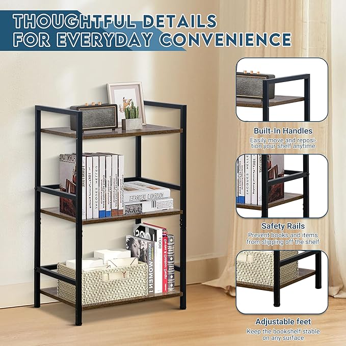 LOFTEY Book Shelf Small Bookshelf, 3 Tier Industrial Short Bookshelf, Metal Open Shelf Bookcase for Living Room, Bedroom, and Office, Rustic Brown