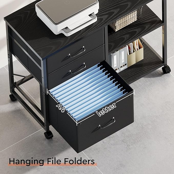 3 Drawer File Cabinet with Wheels Rolling Printer Stand with Open Storage Shelf Fabric Lateral Filing Cabinet for Home Office,Black
