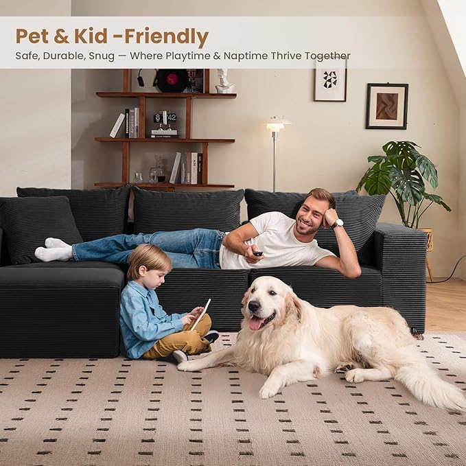 Modular Sectional Sofa, 108" L-Shaped Boneless Couch with Deep Seat, Corduroy Cloud Couch for Living Room, Bedroom, No Assembly Required, Ship in a Box, Black