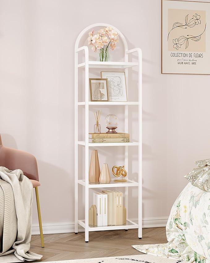 Bookcase Bookshelf, Tempered Glass Bookshelves, Slim Shelving Unit for Bedroom, Bathroom, Home Office, Steel Frame, 5 Tier White BC05099W