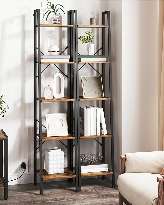 Ladder Shelf, Bookshelf Bookcase, Freestanding Corner Storage Shelve with 2 Hooks for Home Office, Living Room, Kitchen, Bedroom, Industrial, 5-Tier Rustic Brown BC03201B
