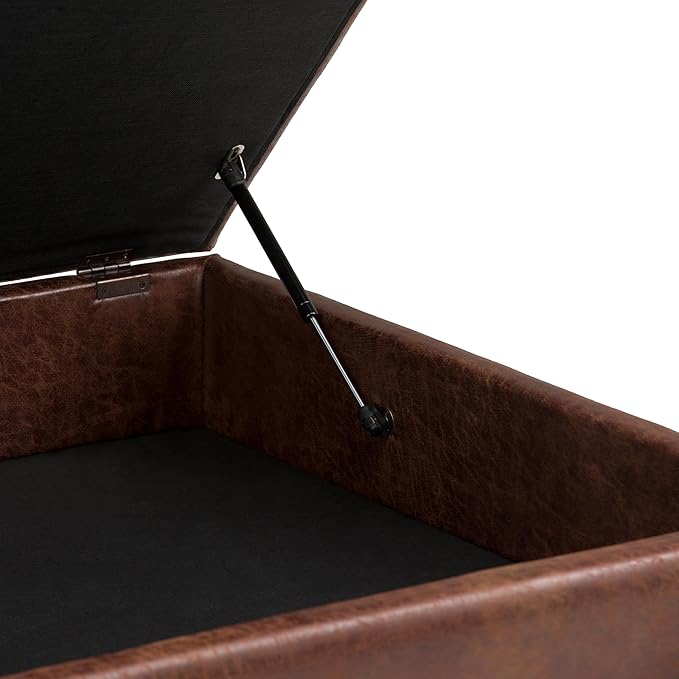 SIMPLIHOME Owen 36 inch Wide Mid Century Modern Square Coffee Table Storage Ottoman in Distressed Saddle Brown Vegan Faux Leather, Assembled, For the Living Room, Entryway and Family Room