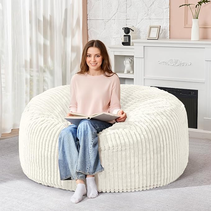 HABUTWAY 4FT Bean Bag Chair, 4' Large Bean Bag Chairs for Adults with Removable Stripe Plush Cover, Memory Foam Beanbag Chair for Living Room Bedroom Dorm (White)