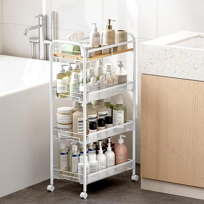 KINGRACK Metal Wide Rolling Cart, 4-Tier Metal Utility Cart, Storage Cart with Wooden Tabletop, for Laundry Bathroom Kitchen Room Bedroom Apartments Dormitory (Pure White, Wide)