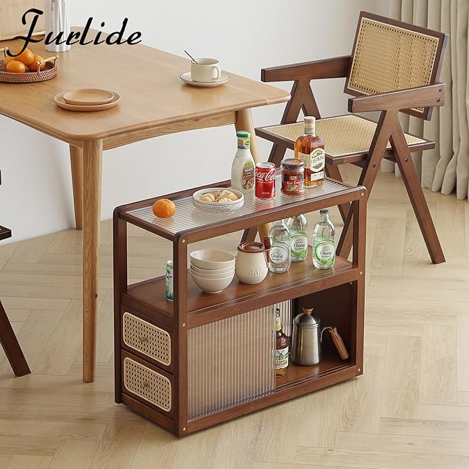 Rattan Nightstand Side Table with Storage, Bamboo Nightstand Bedside Table, Glass Mid Century Modern End Tables for Small Spaces, Living Room, Bedroom，Walnut