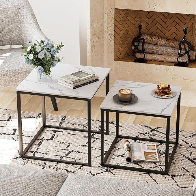 Garden 4 you Coffee Table Set of 2, Modern Faux Marble Nesting Table, Metal Frame Square Center Table Set, Side Tables, Nesting Coffee Table for Living Room, Bedroom and Small Spaces, 19.7in Black