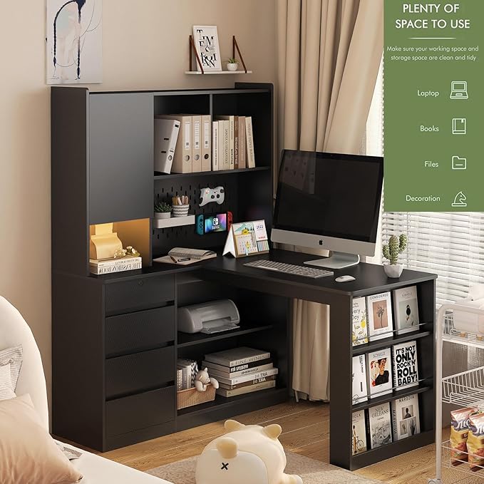 KEIKI L Shaped Home Office Desks with LED Light, Pegboard, Hutch, Drawers, Bookshelf & Storage Shelves, Modern Wooden Gaming Computer Corner Table for Work, Study, Writing