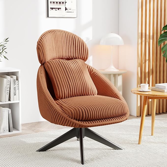 Furniliving Large Swivel Accent Chair Modern Arm Chair Sofa Chair with Pillow Living Room Chair Bedroom Chair with Headrest Comfy Desk Chair Upholstered Chairs for Rest Room, Corduroy, Orange