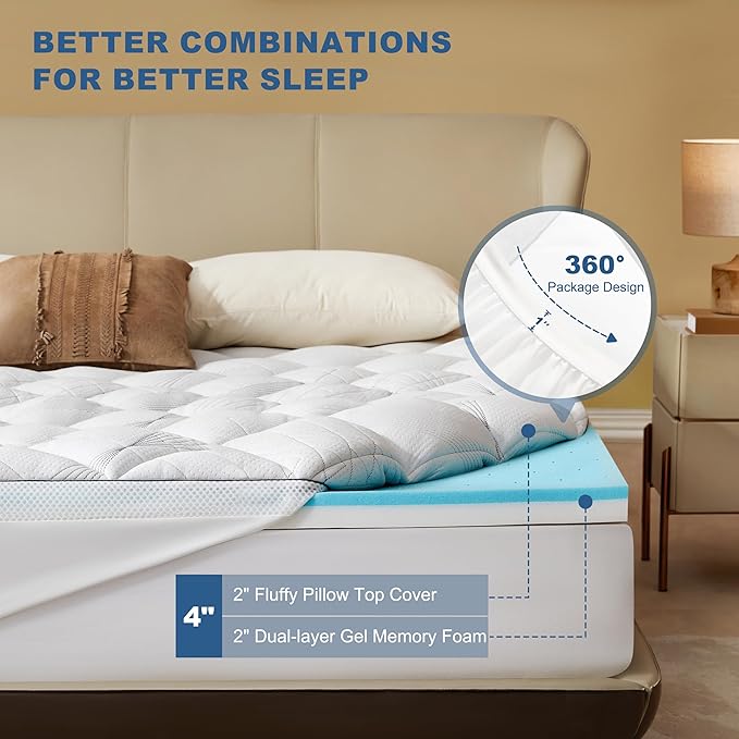 Bedlore 4-Inch King Mattress Topper for Back Pain - Dual Layer Medium Support (2" Gel Memory Foam + 2" Cooling Fluffy Pillow Top Pad), Breathable & Pressure Relief (White)