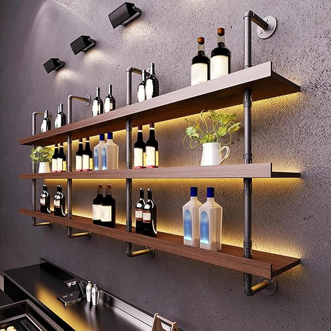 62.9in Large Wine Rack with LED Light Solid Wood Wall Mounted Wine Rack, 3-Tiers Liquor Bottles Floating Shelves Display Storage Organizer for Home Bar & Dining Room (160cm/62.9in)