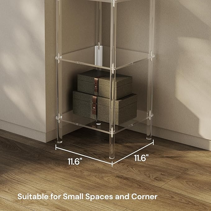 4 Tier Square Acrylic Bookshelf, Small Bookcase with Acrylic Fittings for Fixing to Wall, Corner Display Shelf for Living Room, Bedroom, Bathroom, Small Spaces, Clear, 11.6'' W x 34'' H