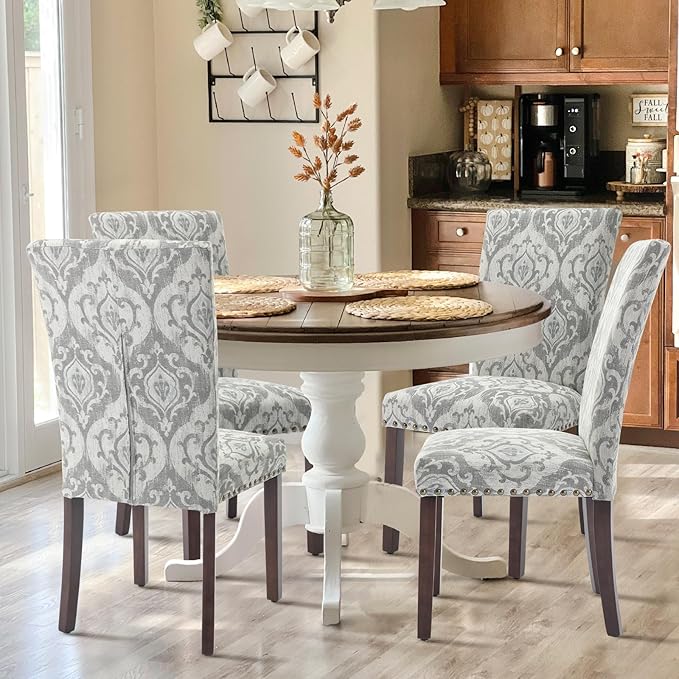 COLAMY Upholstered Parsons Dining Chairs Set of 2, Fabric Dining Room Kitchen Side Chair with Nailhead Trim and Wood Legs - Grey/White Flower
