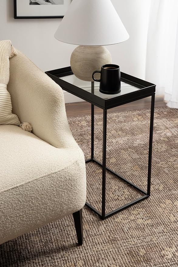 Kate and Laurel Lonsdale Modern Glass Narrow End Table; 18 x 12 x 24; Clear Glass and Black; Decorative Contemporary Glass and Metal Side Table for Use as Bedroom Nightstand or Living Room Accent