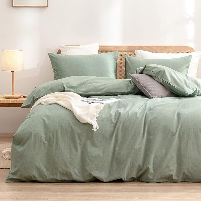 BESTOUCH Duvet Cover Set 100% Washed Cotton Linen Feel Super Soft Comfortable Chic Lightweight 3 PCs Home Bedding Set Solid Green King