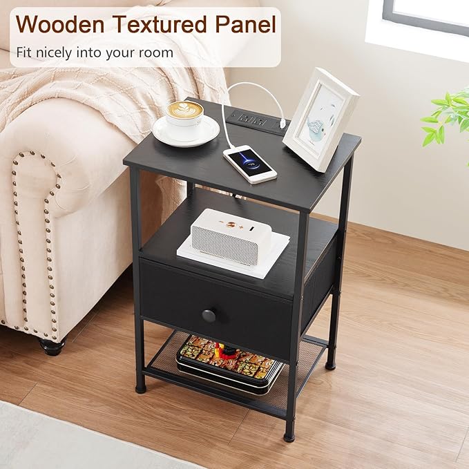 Night Stand Set 2, Black Nightstand with Charging Station, End Tables Living Room with Fabric Drawer for Small Spaces, Side Tables with Storage Shelf for Bedroom, HETS010BK