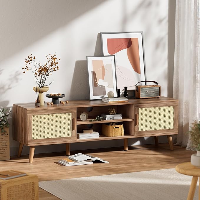 SUPERJARE Boho TV Stand for 65 Inch TV, Entertainment Center with Adjustable Shelf, Rattan TV Console with 2 Cabinets, Media Console, Solid Wood Feet, 4 Cord Holes, for Living Room, Walnut