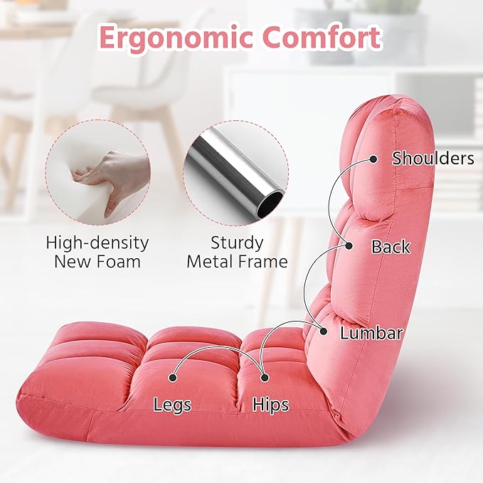 Yaheetech Floor Chair, Meditation Chair with Back Support Gaming Floor Lounger with 14 Adjustable Position for Adult, Pink