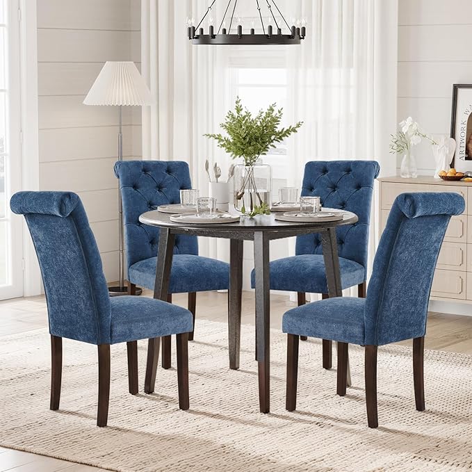 COLAMY Button Tufted Dining Chairs Set of 6, Parsons Upholstered Fabric Dining Room Chair Kitchen Chairs with Wood Legs and Padded Seat, Blue