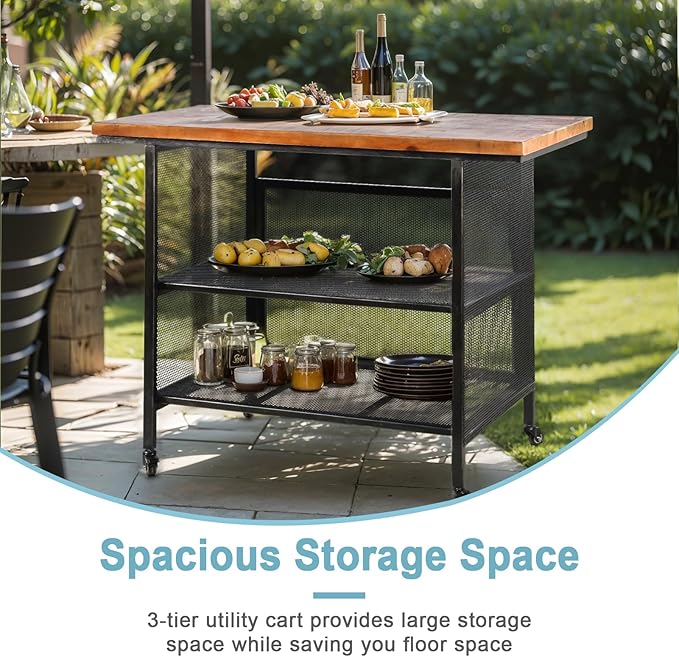 Rustic 3-Tiered Serving Cart with Casters Vintage Rolling Bar Cart for Kitchen Living Room Industrial Mobile Barbecue Cart for Outdoor&Indoor 47.2 * 19.7 * 36.6in L*W*H