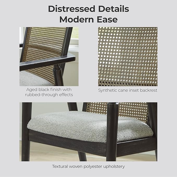Signature Design by Ashley Galliden Rustic Solid Wood Upholstered Dining Arm Chair with Faux Cane Backrest, Set of 2, Light Brown & Black