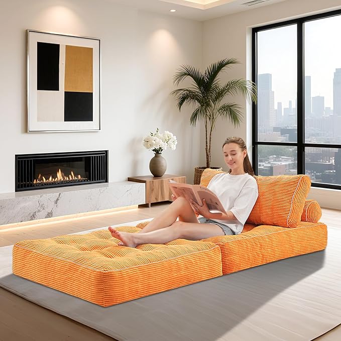 HABUTWAY Folding Sofa Bed, Convertible Sleeper Chair Bed w/Dual-Pillow & Handle, Foldable Floor Sofa Lounge w/Back Support for Living Room, Bedroom, Apartment, Office, Orange