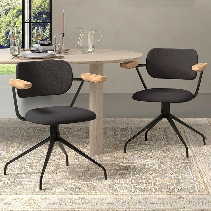 Modern Swivel Dining Chairs Set of 2 with Arms,Upholstered Comfortable Dining Room Chairs, Wooden Armrests & Sturdy Metal Frame, Stylish Kitchen & Dining Table Chairs for Modern Décor