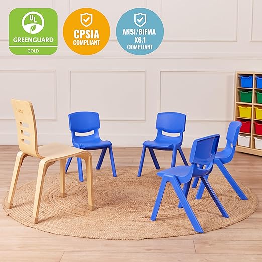ECR4Kids 12in Plastic School Stack Chair, Classroom Furniture, Blue, 4-Pack