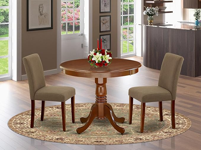 East West Furniture ANAB3-MAH-18 3 Piece Modern Dining Table Set Contains a Round Kitchen Table with Pedestal and 2 Coffee Linen Fabric Parson Dining Chairs, 36x36 Inch, Mahogany