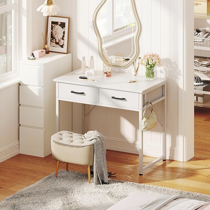 Casaottima 32 Inch Small Office Computer Desk with 2 Drawers & Headphone Hook - Compact Writing Desk for Home Office, Study or Work, Modern Space-Saving Design for Small Spaces, White