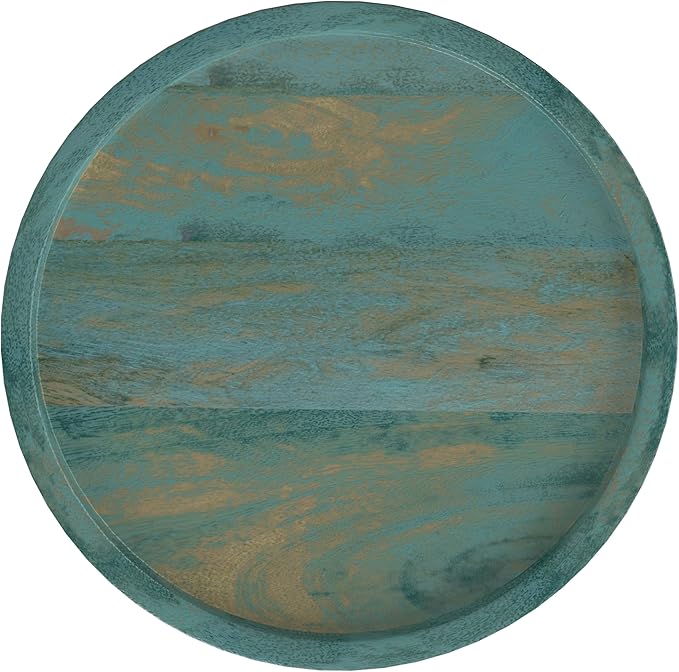 SIMPLIHOME Dayton Solid Mango Wood 13 inch Wide Round Contemporary Wooden Accent Table in Teal Wash, Fully Assembled for The Living Room and Bedroom