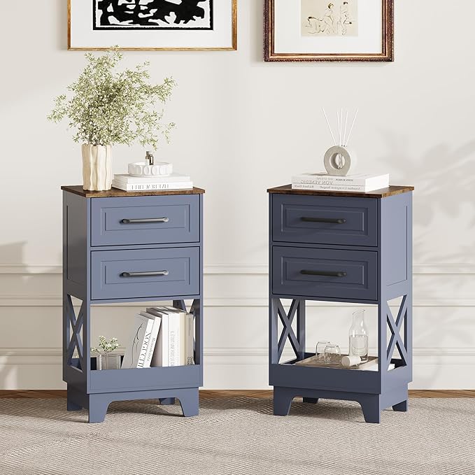 Tall Nightstand Set of 2 Side Table with 2 Drawers Modern Night Stand Wooden Rustic End Table Bedside Table with Below Open Shelf Solid Feet for Bedroom, Living Room, Navy Blue+Walnut