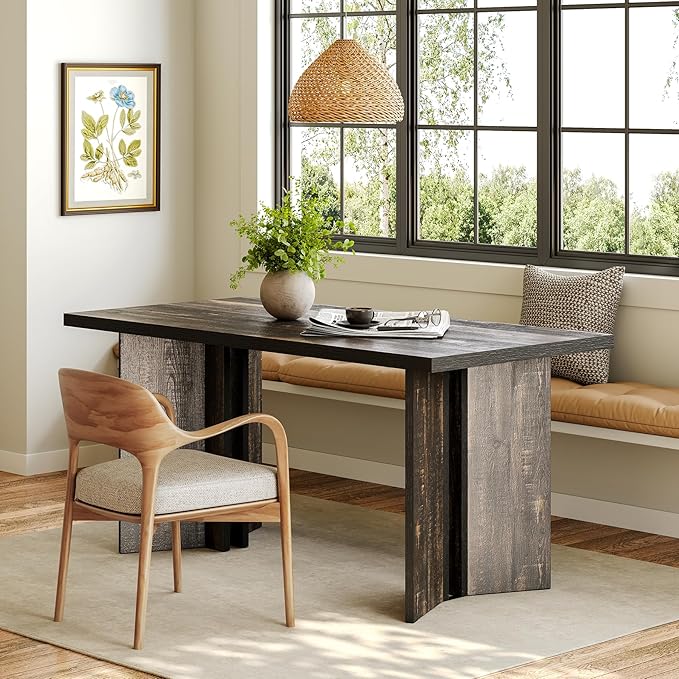 LITTLE TREE Wooden Dining Table Set for 6, 63-Inch Rectangle Kitchen Table, Modern Dinner Table for Home Dining Room, Kitchen Room,Dark Grey