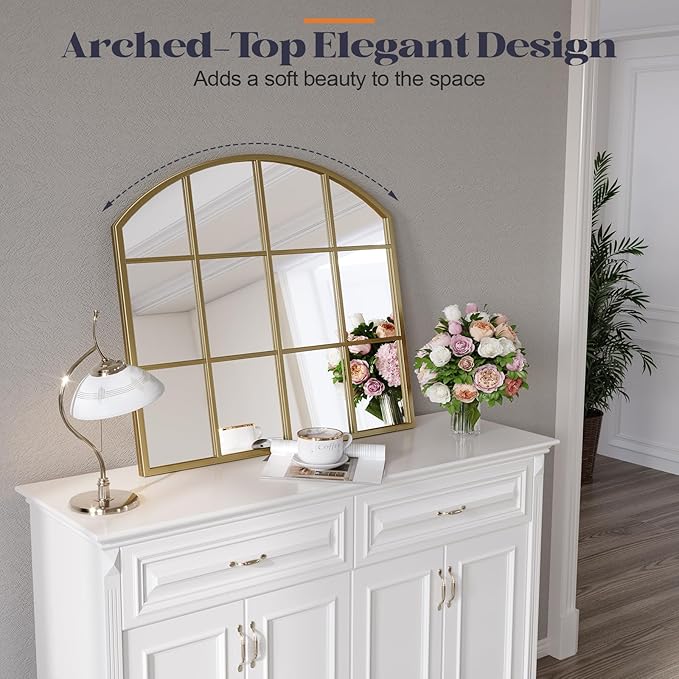 Window Pane Gold Mirror, 28" x 28" Farmhouse Arched Wall Mirror, Brass Rustic Arch Mirrors Large Grid Mirror for Living Room Bedroom Farmhouse Fireplace Hallway Entryway