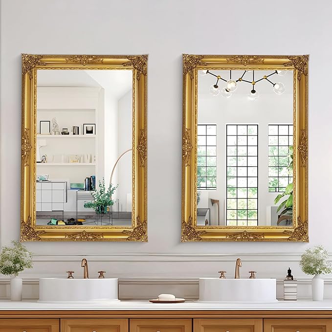 Gold Vintage Mirror, 37.4" x 25.6" Traditional Antique Gold Wall Mirrors with Ornate Baroque Wood Frame, Living Room Decorative Mirrors for Wall Decor