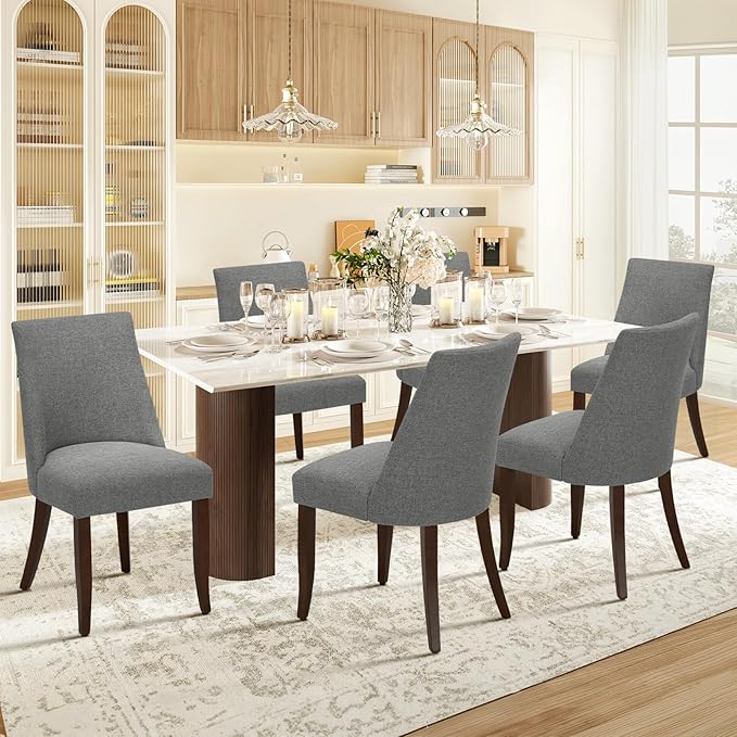 COLAMY Upholstered Dining Chairs Set of 6, Mid Century Modern Kitchen Chairs with Back, Farmhouse Fabric Side Dining Room Chairs with Wood Legs for Dining Room Restaurant, Light Grey