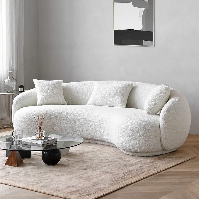 Acanva Mid Century Modern Curved Living Room Sofa, 4-Seat Boucle Fabric Couch for Bedroom, Office, Apartment, White