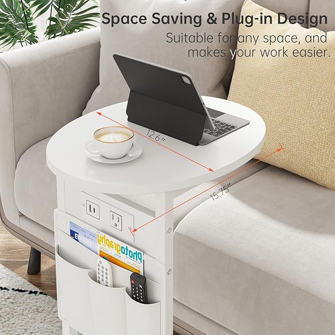 Vagusicc C Shaped End Table with Charging Station, Small Side Table for Couch, TV Tray Slide Under Sofa Table for Living Room and Bedroom, C Table Round Couch Side Table, White
