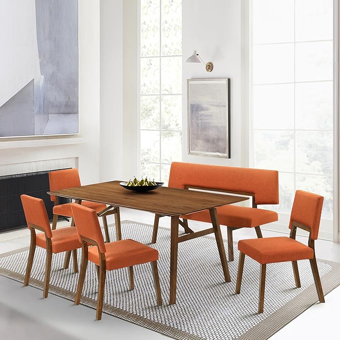 Armen Living Channell Mid Century Modern 6 Piece Walnut Wood Dining Table Set with Bench in Orange Fabric