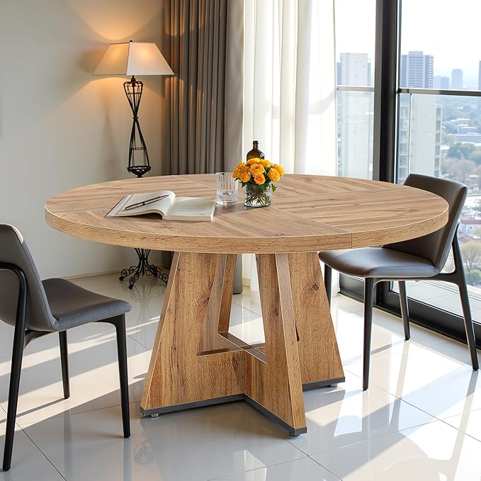 Round Dining Table for 4, 47 Inch Dinner Table Farmhouse Wooden Circle Kitchen Tables with Cross Base for Dining Room, Kitchen, Living Room, Retro Brown